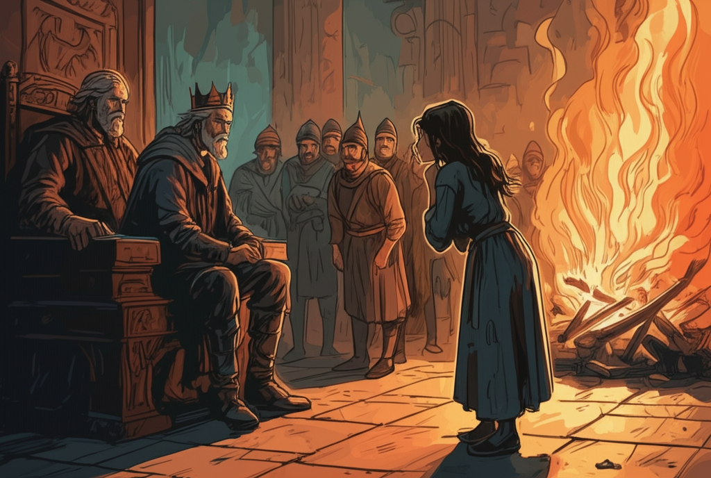 Watercolor illustration of the king in his courtroom, his face grim and unforgiving, interrogating the wise man and the soldier’s wife before a large, crackling pile of burning wood in the background. The fire casts an eerie orange glow on the scene, illuminating the faces of the accused. The wise man looks calm and resigned, while the soldier’s wife is tearful and distraught, her hands clasped in supplication. The courtroom is filled with stern-faced courtiers. The walls are bare and imposing. The floor is made of rough stone. The color palette is dominated by reds, oranges, and browns, creating a sense of danger and oppression. Watercolor style with heavy shadows and textured brushstrokes. Emotional tone: tense, accusatory, ominous.