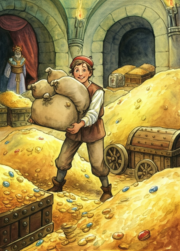 Watercolor illustration of the grain seller’s son carefully loading carts with overflowing bags of gold in the king’s vast treasure room. He smiles happily, his face flushed with excitement, surrounded by a glittering mountain of gold coins and jewels. The king observes from the shadows in the background, his expression unreadable. The treasure room is dimly lit by torches, casting long, flickering shadows. Ornate chests and coffers overflow with riches. The color palette is dominated by golds, yellows, and browns, conveying a sense of wealth and abundance. Watercolor style emphasizing the shimmering quality of gold and jewels. Emotional tone: joyous, triumphant, slightly suspicious.