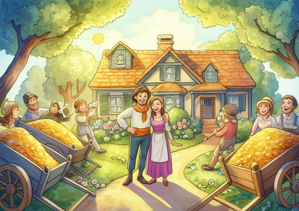 Watercolor illustration of the grain seller’s son and his wife standing proudly in front of their newly renovated house, surrounded by carts overflowing with gold. They are smiling and embracing, radiating joy and prosperity. The house is simple but well-maintained, with flowers blooming in the garden. The sun shines brightly, casting a warm glow on the scene. Villagers in the background look on with admiration and envy. The color palette is bright and cheerful, dominated by yellows, greens, and blues, conveying a sense of happiness and contentment. Watercolor style with soft blending and a focus on natural details. Emotional tone: joyful, fulfilled, peaceful.