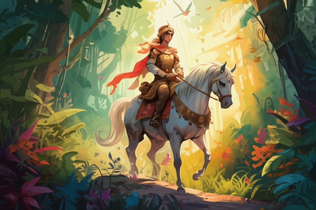 A young prince, adorned in elaborate gold and crimson clothing, riding a majestic white horse through a dense, vibrant jungle bathed in dappled sunlight. The sun filters through the canopy, creating long, dramatic shadows. The style should be loose and whimsical, with dripping watercolor effects and bright, contrasting colors like emerald green, sapphire blue, and ruby red. The prince’s face shows determination, his posture confident. The horse’s mane flows in the breeze, and colorful parrots fly overhead. Jungle textures include tangled vines, broad leaves, and moist earth. A faint, almost imperceptible rainbow shimmers in a distant waterfall mist. Emotional tone: adventurous and regal.