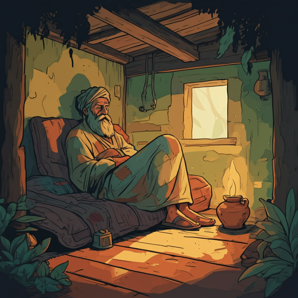 A sleepy, bearded fakir with long, unkempt, grey-streaked hair, resting peacefully in a small, rustic house during the golden hour. The light casts long shadows across the worn wooden floor. The house should be surrounded by lush greenery, depicted in various shades of green and brown using a watercolor wash technique, with hints of burnt sienna and ochre for the mud walls. He’s wrapped in a rough, patched blanket. A clay oil lamp flickers gently beside him, casting warm light on his weathered face. His expression is serene. Textures: rough wood, coarse blanket, crumbling clay. Emotional tone: peaceful and earthy.