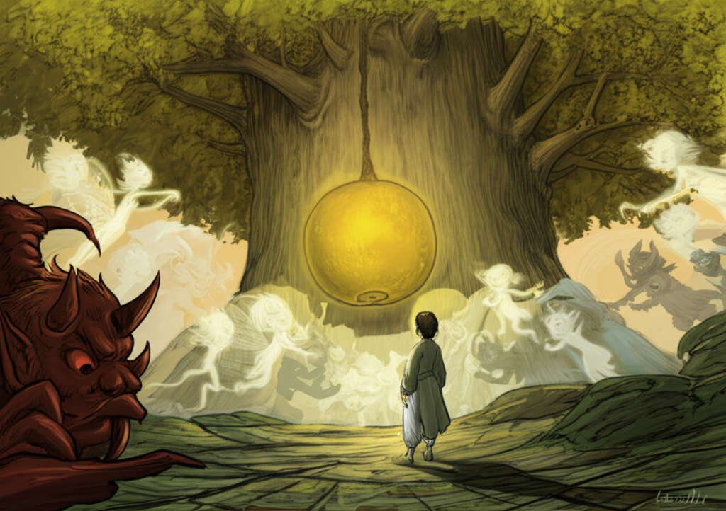 The young prince stands before a towering bél-tree, its branches laden with a single, impossibly large, golden bél-fruit radiating a warm, ethereal glow. It’s high noon, casting sharp shadows. The prince looks up in awe. In the background, mischievous fairies and demons with exaggerated, subtly grotesque features are partially obscured by a dusty, translucent, dreamlike effect, like heat haze. The scene uses a muted color palette of greens, browns, and golds, with pops of crimson in the demons’ eyes. The ground is dry and cracked. The fairies are giggling, and the demons are subtly sneering. Emotional tone: fantastical and slightly unsettling.