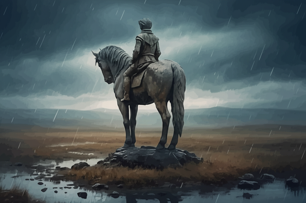 A weathered stone statue of the young prince on his horse stands in a desolate field under a stormy, overcast sky, facing away from the viewer. Rain streaks down the statue’s face. The image should convey a sense of stillness, sorrow, and loss. Focus on muted grays, blues, and browns with delicate watercolor details, creating a somber atmosphere. The horse’s tail droops, and the prince’s head is bowed. The field is barren and windswept. Subtle texture in the stone, showing age and erosion. The sky is a swirling mass of dark clouds. Emotional tone: melancholic and forlorn.