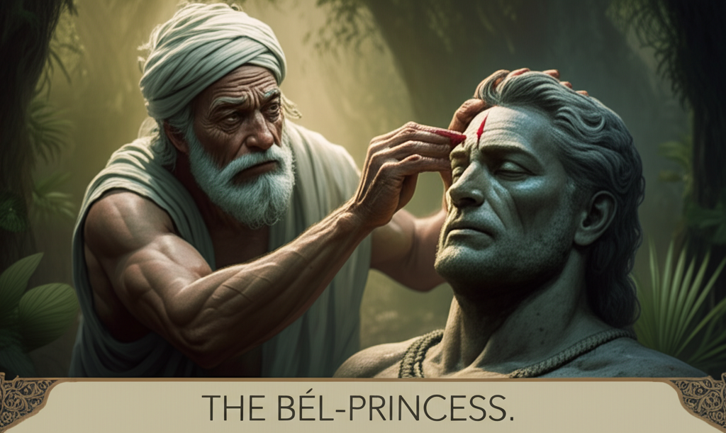 The fakir, with a deeply concerned expression etched on his wrinkled face, gently applying blood from his pinky finger to the forehead of the cold, grey stone prince. Sunlight filters weakly through the dense canopy above. The surrounding jungle is subtly visible in the background, using muted greens and browns with a touch of desaturated ochre and umber, suggesting a long period of neglect. The fakir’s hand trembles slightly. He’s muttering an incantation. The stone feels cold and smooth to the touch. Dewdrops cling to the surrounding foliage. Emotional tone: urgent and empathetic.