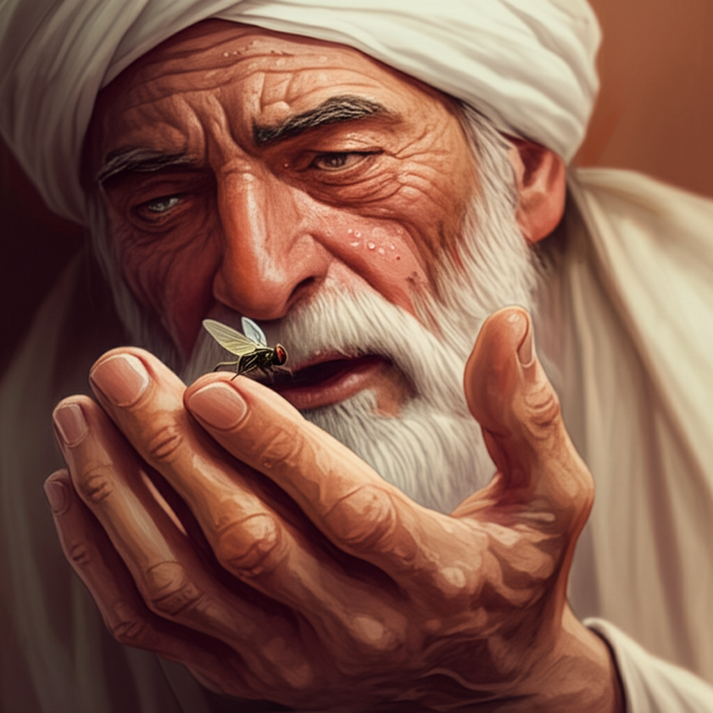 The prince, now a tiny, iridescent fly in the foreground, is being carefully concealed in the palm of the fakir’s weathered and aged hand. The fakir’s hand is weathered and aged, with delicate wrinkles and sunspots, rendered with soft watercolor tones of ochre, brown, and rose. The background is blurred, focusing on the texture of the fakir’s skin and the delicate wings of the fly. A single ray of sunlight highlights the fly’s iridescent wings. The fakir’s expression is protective. Small beads of sweat glisten on his forehead. Emotional tone: protective and delicate.