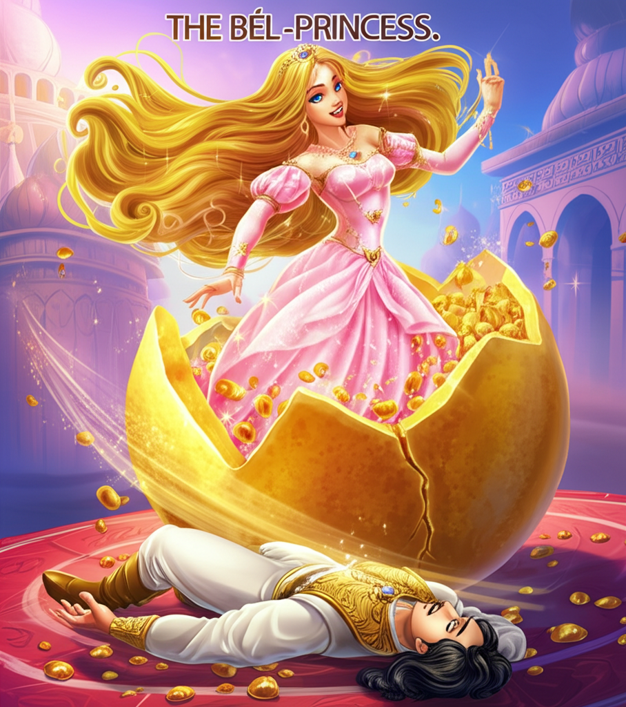 A beautiful princess, with radiant skin and flowing golden hair, emerges, reborn, from a cracked, golden bél-fruit. Sunlight floods the scene, highlighting her ethereal beauty. The prince is fainted at her feet, surrounded by scattered, glistening fruit pulp that appears almost like jewels. Utilize a vibrant color palette with soft gradients to accentuate the princess’s beauty: peaches, golds, and pinks dominate. The air is filled with a sweet, fruity fragrance. The princess smiles serenely. Her skin glows with an inner light. Emotional tone: joyful and radiant.