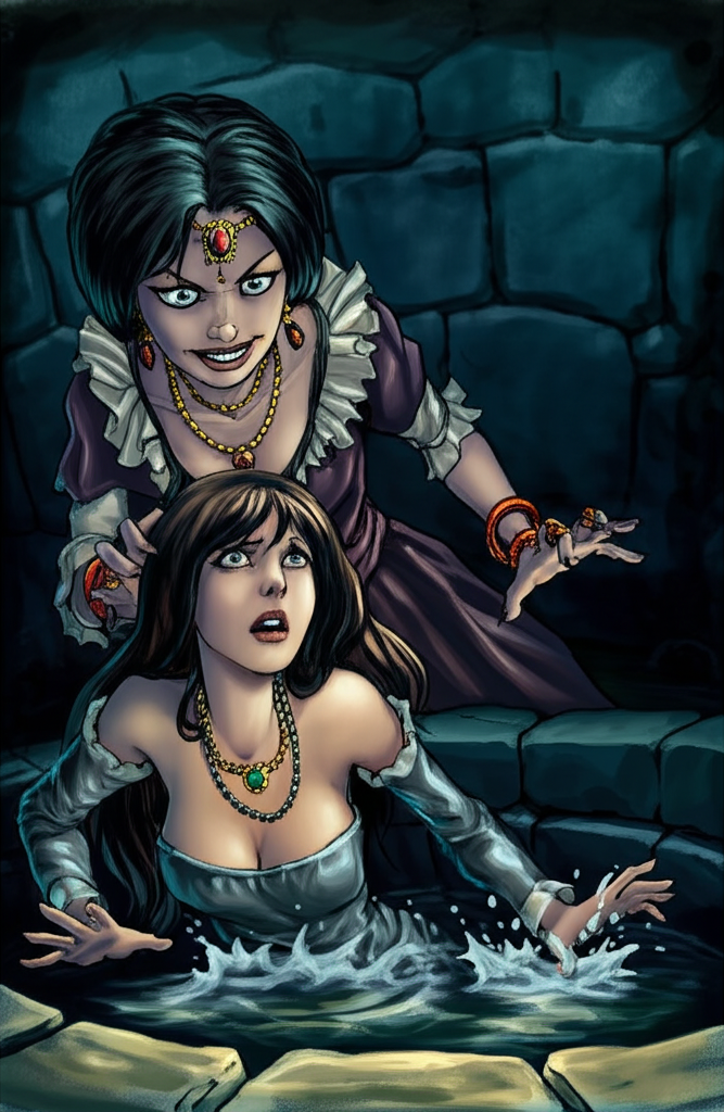 A mean-looking woman with a sinister grin, wearing the princess’s opulent ruby and emerald jewelry, cruelly pushes the beautiful princess into a dark, murky well. The scene is filled with shadows and dark, cool tones (deep blues, greens, and purples) to convey a sense of danger and despair. The water is stagnant and covered in algae. The woman’s eyes are filled with malice. The princess’s face is filled with terror. The well is made of rough, moss-covered stones. A single, flickering candle casts long, distorted shadows. Emotional tone: sinister and terrifying.