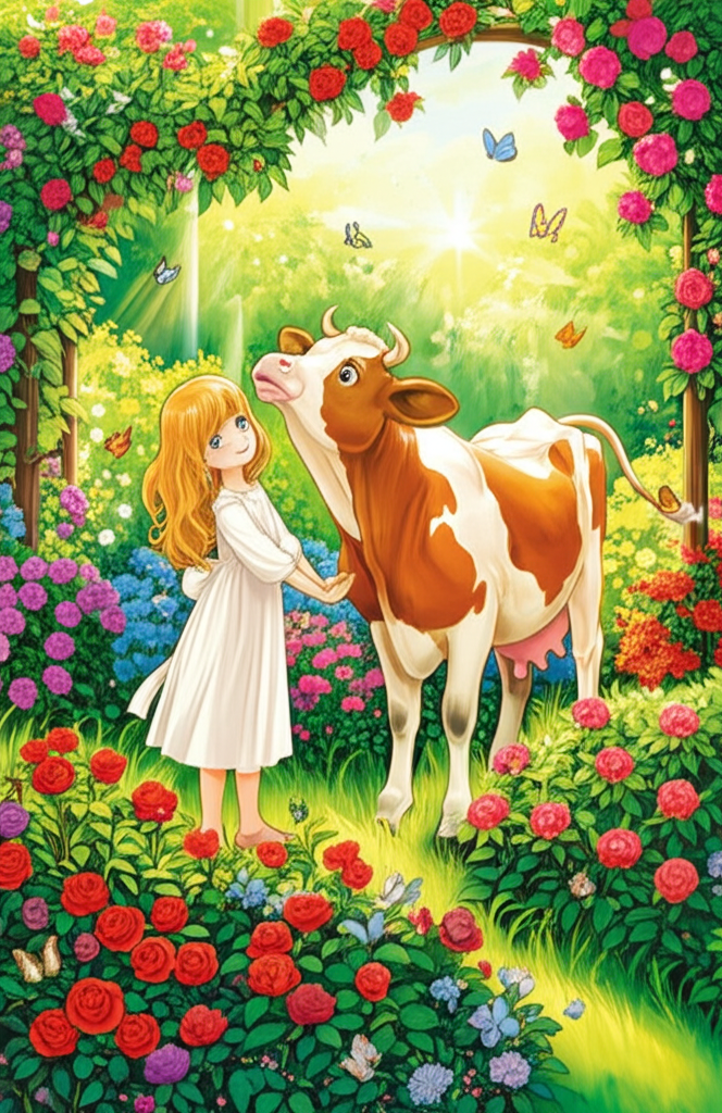 A seven-year-old version of the Bél-Princess, depicted with large, innocent, tear-filled eyes, stands in a vibrant, sun-drenched garden, gently pushing a curious cow with brown and white patches out of a patch of colorful, blooming roses. The garden should be bursting with vibrant flowers and plants of all shapes and colors: reds, yellows, purples, and blues abound. Butterflies flit around. The cow looks back at her with a bewildered expression. The princess’s dress is simple and white. The air is filled with the scent of roses and fresh grass. Emotional tone: innocent and playful.