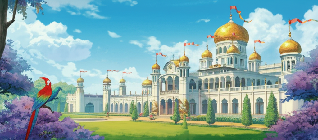 A magnificent, ornate palace, with ivory walls and a shimmering gold dome, rises majestically from a lush green field under a clear, azure sky, signifying the transformation of the Bél-Princess. Lush gardens surround the palace, filled with exotic flowers and sculpted fountains. A vibrant scarlet parrot and a turquoise bird perch on nearby jacaranda trees, observing the scene. Use a wide range of colors and intricate details to emphasize the palace’s grandeur and the transformation of the Bél-Princess. Sunlight reflects off the gold dome. Banners flutter in the breeze. The sky is dotted with fluffy white clouds. Emotional tone: triumphant and hopeful.