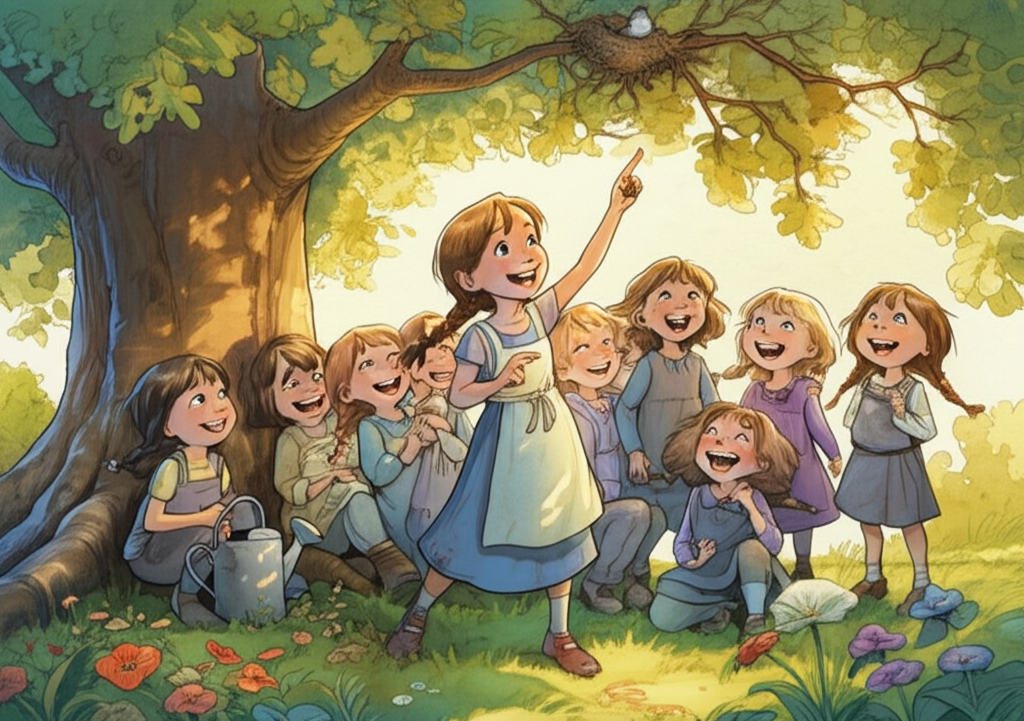 Watercolor illustration: Golden hour light filters through the leaves of a massive, ancient oak tree, dappling the grass with warm shadows. A young gardener’s daughter, around 8 years old, with rosy cheeks and braided brown hair, beams with a genuine, gap-toothed smile. She points upwards with a dirty, soil-stained finger towards a bird’s nest high in the branches. Seven other young girls, ranging in age, giggle and laugh with amusement, their faces flushed with joy. Some wear simple cotton dresses, others patched and worn clothing. A worn, hand-painted watering can rests near the base of the tree. Wildflowers bloom riotously in the foreground, creating a vibrant carpet of color. Soft blending, natural watercolor flow, creating a heartwarming and nostalgic atmosphere.