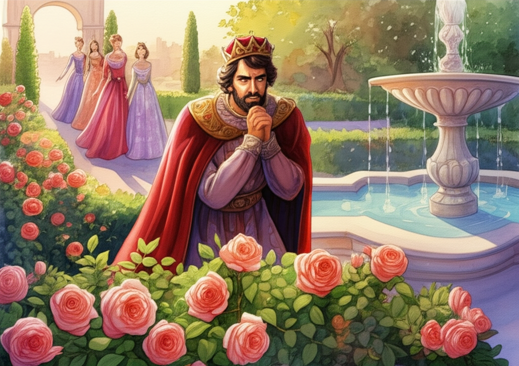 Watercolor illustration: Late afternoon sun casts long, dramatic shadows across a meticulously manicured garden filled with roses, lilies, and sculpted hedges. The King, a man in his late 40s with a regal bearing and a neatly trimmed beard, is richly dressed in velvet robes trimmed with gold embroidery. He stands partially hidden behind a marble fountain, overhearing the gardener’s daughter’s boast about her future son. He holds a hand to his chin, his brow furrowed in contemplative thought, his gaze fixed on her with a mixture of curiosity and intrigue. Behind him, blurred and partially obscured by the lush foliage, his four bejeweled queens are seen walking leisurely in the distance, their opulent gowns shimmering in the fading light. The mood is secretive and fraught with unspoken tension. Watercolor with delicate washes and subtle color gradients.