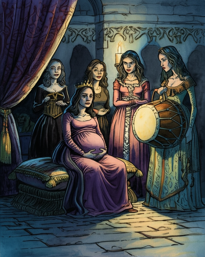 Watercolor illustration: A dimly lit, lavishly decorated chamber with heavy velvet curtains and a cold, damp stone floor. The gardener’s daughter, now a queen, is heavily pregnant, her face pale with anxiety. She sits nervously on a plush velvet cushion, her hands clasped tightly in her lap. The four other queens, their faces etched with sly smirks and veiled malice, stand around her, their opulent gowns casting long shadows. One offers her a kettle drum made of dark, polished wood and stretched animal hide. The air is thick with unspoken threats and jealousy. The light source is a single flickering candle, casting dramatic shadows and highlighting the sinister expressions. Textures are emphasized: the rough texture of the stone floor, the softness of the velvet cushion, and the smooth, polished surface of the kettle drum. A dark, muted color palette enhances the unsettling atmosphere. Watercolor washes create a sense of foreboding.
