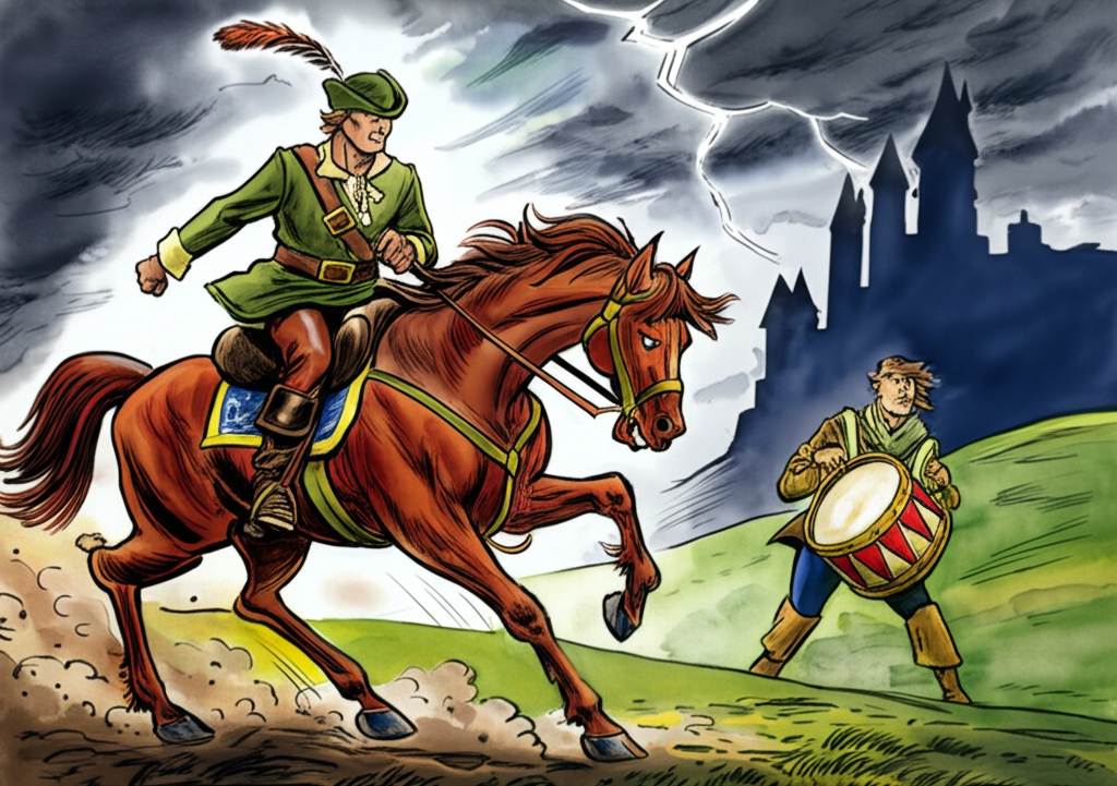 Watercolor illustration: A dynamic scene depicting the King, in his hunting attire – leather breeches, a green tunic, and a feathered hat – interrupted by the jarring sound of a kettle drum. He rides back towards the palace on a powerful, chestnut-colored horse, its muscles straining with effort. His face is etched with concern, his brow furrowed, his eyes narrowed. Dust kicks up from the horse’s hooves as it gallops across a grassy plain. In the distance, the kettle drum is drawn smaller, in front of the imposing silhouette of the castle against a stormy, overcast sky. Lightning flashes intermittently, adding to the drama. Watercolor with bold strokes and dynamic composition, emphasizing movement and urgency.