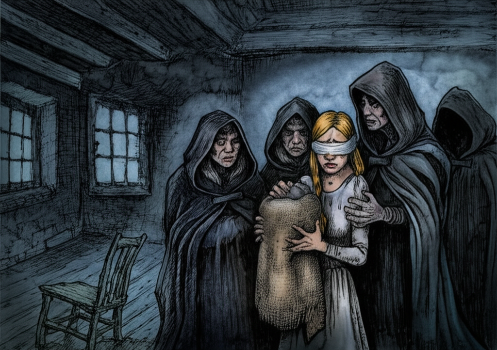 Watercolor illustration: A scene shrouded in darkness, with only faint moonlight filtering through the windows. The four queens, their faces hidden by dark, hooded cloaks, stand menacingly over the gardener’s daughter. Her eyes are bound by a coarse, white handkerchief. Her face is contorted with anguish and despair, tears streaming down her cheeks. They present her with a stone wrapped in rough burlap cloth. The room is sparsely furnished, with a wooden table and a single, overturned chair. The air is heavy with dread and hopelessness. Use a very limited color palette of grays, blues, and blacks to emphasize the bleakness and despair. Watercolor with heavy washes and blurred edges to create a sense of unease and ambiguity.