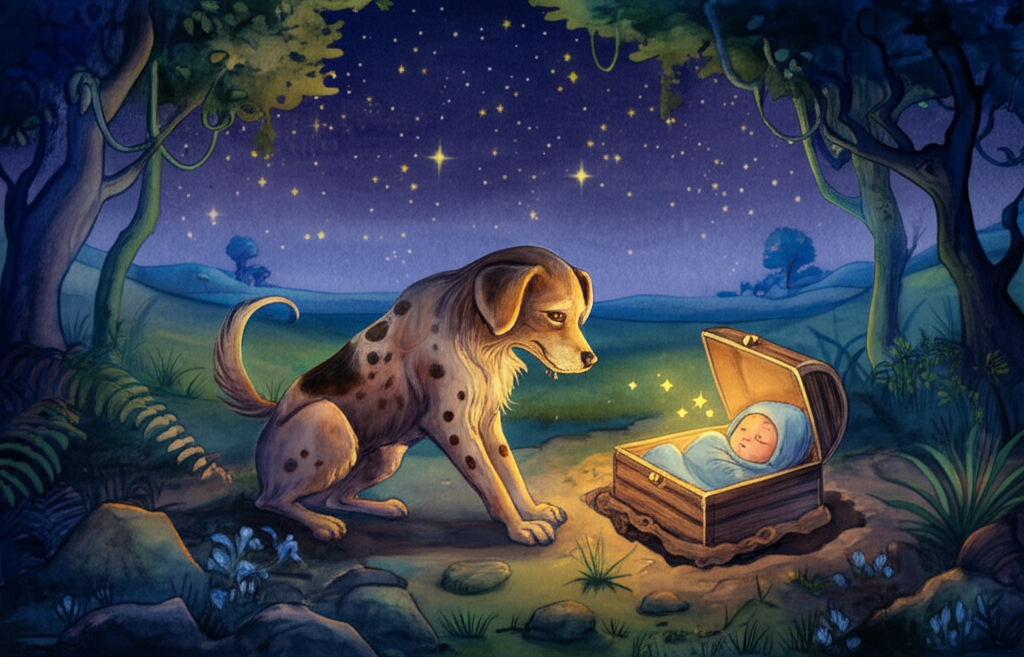 Watercolor illustration: A wide, open jungle plain stretches as far as the eye can see, illuminated by a breathtaking starlit sky. Countless stars twinkle and shimmer, casting a soft, ethereal glow. A loyal, brown and white spotted dog, Shankar, delicately retrieves a small, intricately carved wooden box from a hole dug in the earth. Inside the box lies a baby with a crescent moon on his forehead and a tiny star on his chin, peacefully sleeping. The dog’s eyes reflect the starlight, conveying his gentle and protective nature. Watercolor with soft, luminous washes, capturing the magic and wonder of the night. Focus on the texture of the earth, the dog’s fur, and the intricate details of the wooden box.