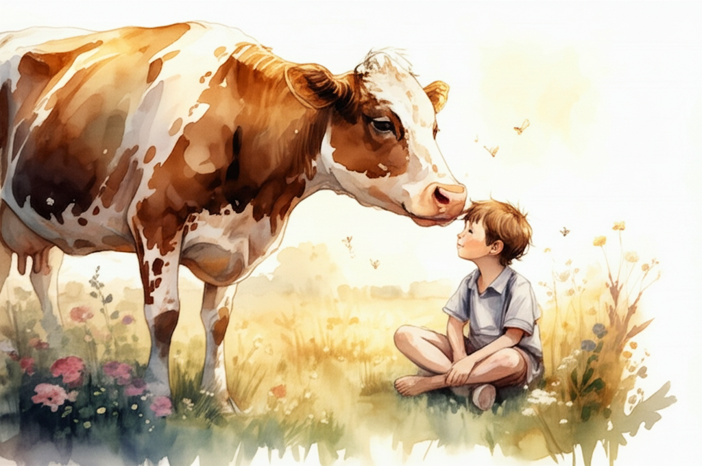 Watercolor illustration: A serene meadow bathed in soft, golden sunlight. A majestic, brown and white cow, Suri, tenderly licks a young boy with a crescent moon on his forehead and a tiny star on his chin. He is sitting cross-legged in front of her, looking up at her with immense gratitude and love in his eyes. Wildflowers bloom around them in a vibrant array of colors. The air is filled with the gentle buzz of bees and the chirping of crickets. Watercolor with a warm and inviting color palette, capturing the peace and tranquility of the scene. Emphasize the textures of the cow’s fur, the boy’s skin, and the delicate petals of the flowers.