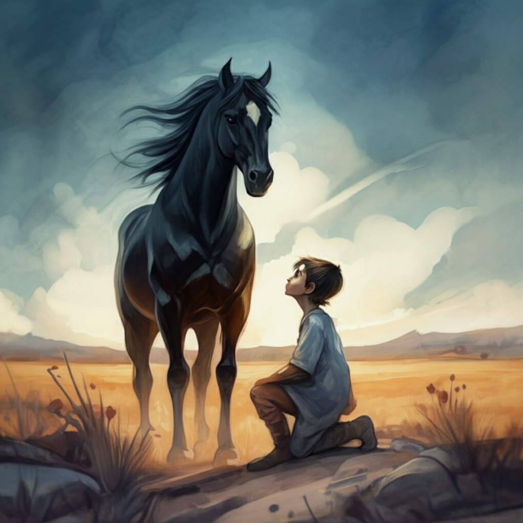 Watercolor illustration: A windswept plain under a clear blue sky. An untamed, black stallion, Katar, kneels gracefully before a young prince with a crescent moon on his forehead and a tiny star on his chin. The prince, no older than 10, is dressed in simple clothes and is about to climb on the horse’s back, his face filled with determination and a hint of apprehension. The horse’s muscles ripple beneath its glossy coat. The scene evokes a sense of wildness and freedom. Use a dynamic composition and bold brushstrokes to capture the energy and power of the horse. Watercolor with a strong contrast between light and shadow.