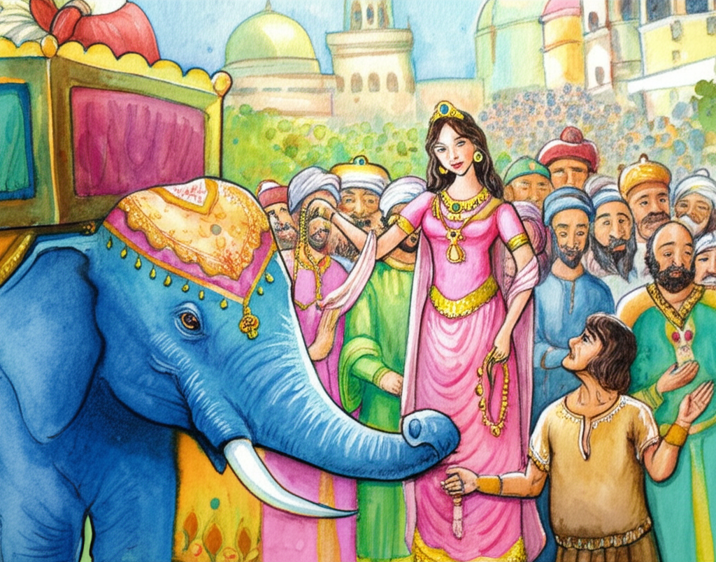 Watercolor illustration: A bustling marketplace scene filled with a crowd of richly dressed kings and princes, their faces blurred and indistinct. Through the throng of nobility, a young princess, no more than 16, adorned in stunning jewelry and flowing silks, rides a magnificent blue elephant. She extends a delicate, gold necklace towards a humble, common-looking man who stands apart from the crowd with a shy smile. He has a crescent moon on his forehead and a tiny star on his chin, barely visible beneath his simple clothes. The elephant’s trunk is raised in a celebratory gesture. The scene is a clash of wealth and humility, power and vulnerability. Watercolor with vibrant colors and intricate details, capturing the energy and chaos of the marketplace. Focus on the contrast between the opulence of the princess and the simplicity of the common man.