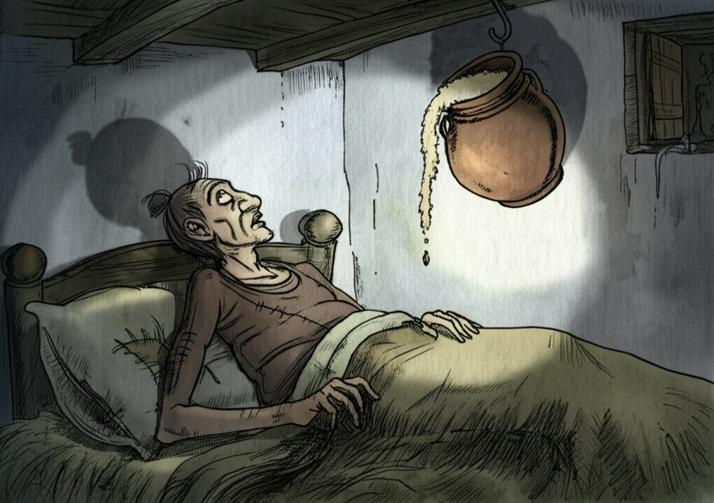 Watercolor illustration of Mr. Stingy (Svabhavakripana), a thin man with a slightly hunched back, lying in a worn, straw-filled bed. He wears simple, patched earth-toned clothing, a coarse linen shirt barely covering his ribs. Above him, hanging precariously from a rusty hook on the whitewashed wall, is a large, rustic clay pot overflowing with glistening white rice. A single shaft of moonlight, piercing through a crack in the wooden shutters, illuminates the pot, casting long, dramatic shadows across the room. He gazes up at the pot with wide, greedy eyes that reflect the moonlight, a faint, almost manic smile playing on his thin lips. The room is dimly lit, the color palette muted grays and browns, emphasizing the golden glow of the rice as the focal point, contrasting with the poverty of the setting. The texture of the roughly plastered wall and the coarse blanket are visible details.