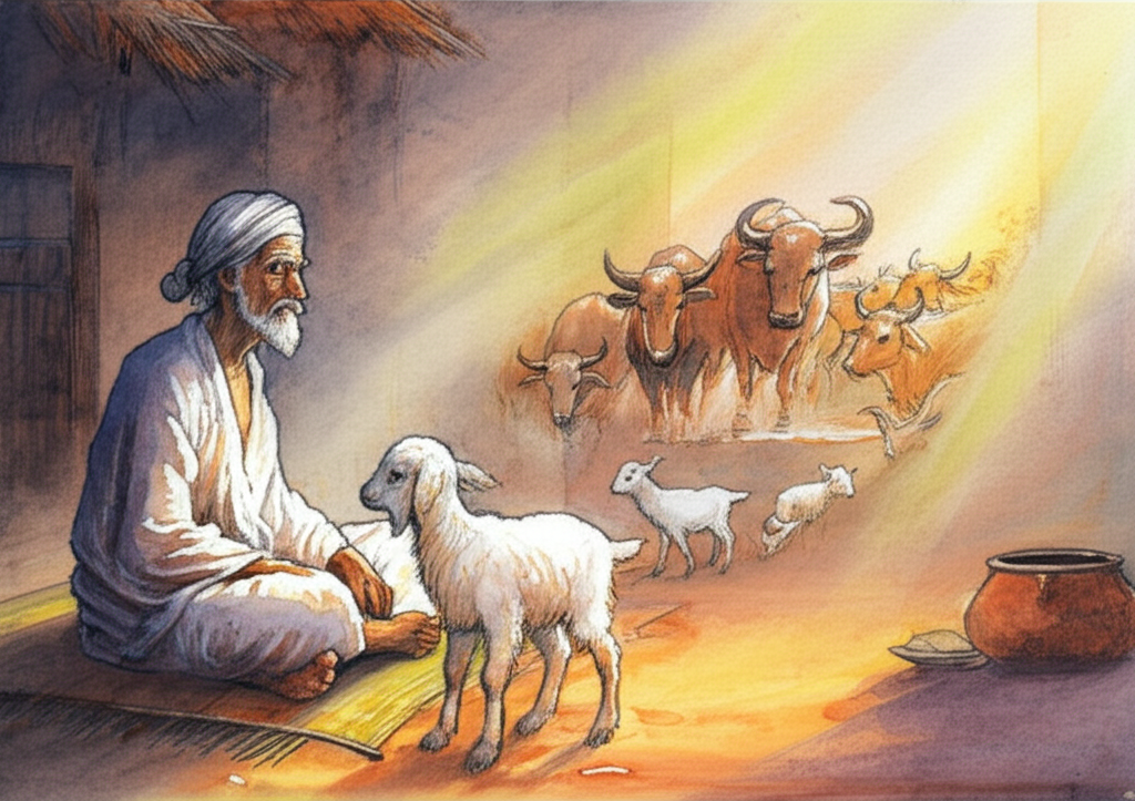 Watercolor illustration depicting Mr. Stingy sitting cross-legged on a worn, woven mat, eyes closed in deep concentration, a serene, almost beatific expression on his aged face. Sunlight streams through a dusty window, creating a warm, hazy glow. He is visualizing a progression of animals: A small pair of young, playful goats, with fluffy white coats, standing tentatively in front of him, transitioning into a larger group of goats grazing peacefully, then several cows with calves, their coats a rich, earthy brown, followed by strong buffaloes with thick, dark hides and imposing horns, and finally, majestic horses, their manes flowing, silhouetted against a vibrant sunset. All the animals are rendered in soft, muted pastels and earth tones, suggesting they are part of his fleeting, wistful daydream. Subtle watercolor washes create a sense of depth and motion within the daydream. The room itself is spartan, only containing the woven mat and a small, cracked clay bowl.