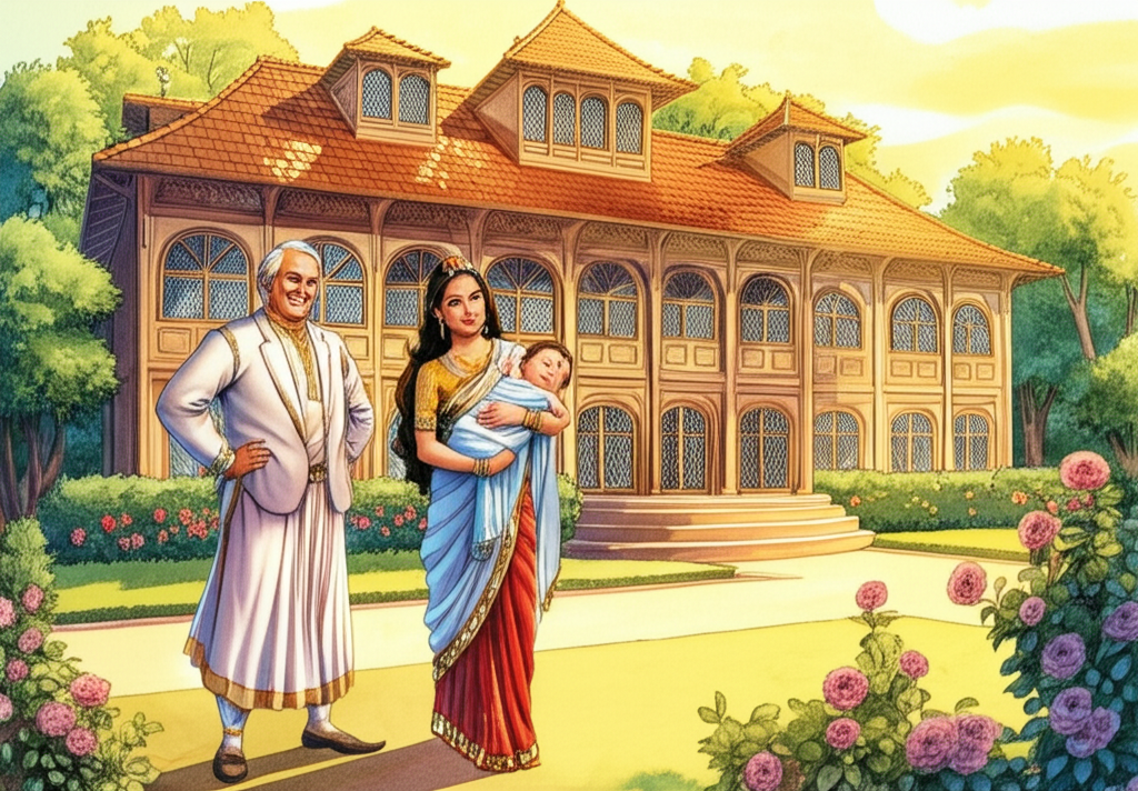 Watercolor illustration showing a grand, two-story house with many arched windows and ornate, carved wooden details, bathed in the golden light of late afternoon. Sunlight glints off the polished tiles of the roof. In front of the house, a beautiful woman in elegant, flowing silk attire, adorned with delicate jewelry, holds a baby (Somasarman), wrapped in fine linen. Mr. Stingy stands nearby, chest puffed out with pride, looking wealthy and respectable, dressed in finer clothes – a tailored linen suit and polished leather shoes – than before. His smile is wide and genuine. The scene is bathed in warm sunlight, the color palette rich and vibrant, portraying a sense of idyllic family life and prosperity. Flowers bloom in abundance in the meticulously manicured garden, and a gentle breeze rustles the leaves of the trees in the background.