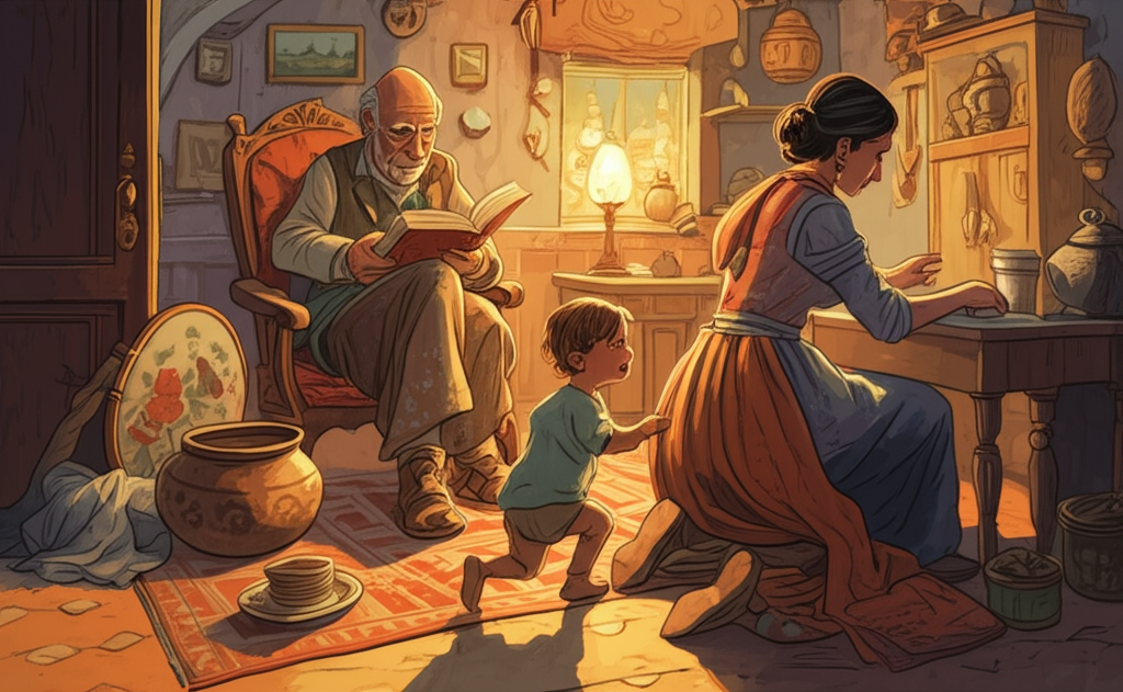 Watercolor illustration of a domestic interior scene, realistically cluttered. Mr. Stingy, now older, his face etched with wrinkles and his hair thinning, sits in a worn armchair, reading a large, leather-bound book in the background. Soft lamplight casts a warm glow on the scene. A small boy, Somasarman, about two years old, crawls towards him on a worn, patterned rug, reaching for him with outstretched arms, his face beaming with affection. In the foreground, the woman (Mr. Stingy’s wife), her hair pulled back in a simple bun, is engaged in household chores, kneading dough at a wooden table, her back partially turned to the viewer, a subtle hint of weariness in her posture. The scene suggests a bustling, lived-in environment, with a warm color palette of golds, browns, and reds. Details like a stack of dishes, a half-finished embroidery project, and a flickering fireplace add to the realism.