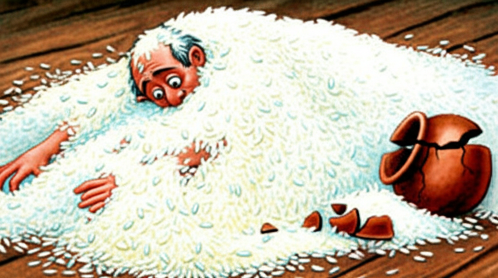 Watercolor illustration of Mr. Stingy lying face down on the rough, wooden floor, completely covered in a mountain of white rice. The clay pot that contained the rice is broken into jagged pieces beside him, the clay shards scattered among the rice grains. His expression, visible through the rice clinging to his face, is one of utter shock and dismay, his eyes wide and filled with despair. His arms are outstretched, as if he tried to catch the falling rice. The background is blurred and out of focus, drawing attention to the overwhelming amount of rice and the figure engulfed by it, highlighting the devastating consequences of his unrealistic dreams. The color palette is dominated by the stark white of the rice, contrasted by the dark wood of the floor and the earthy tones of the broken pot. The light is harsh and unforgiving, emphasizing the messy reality of his downfall.