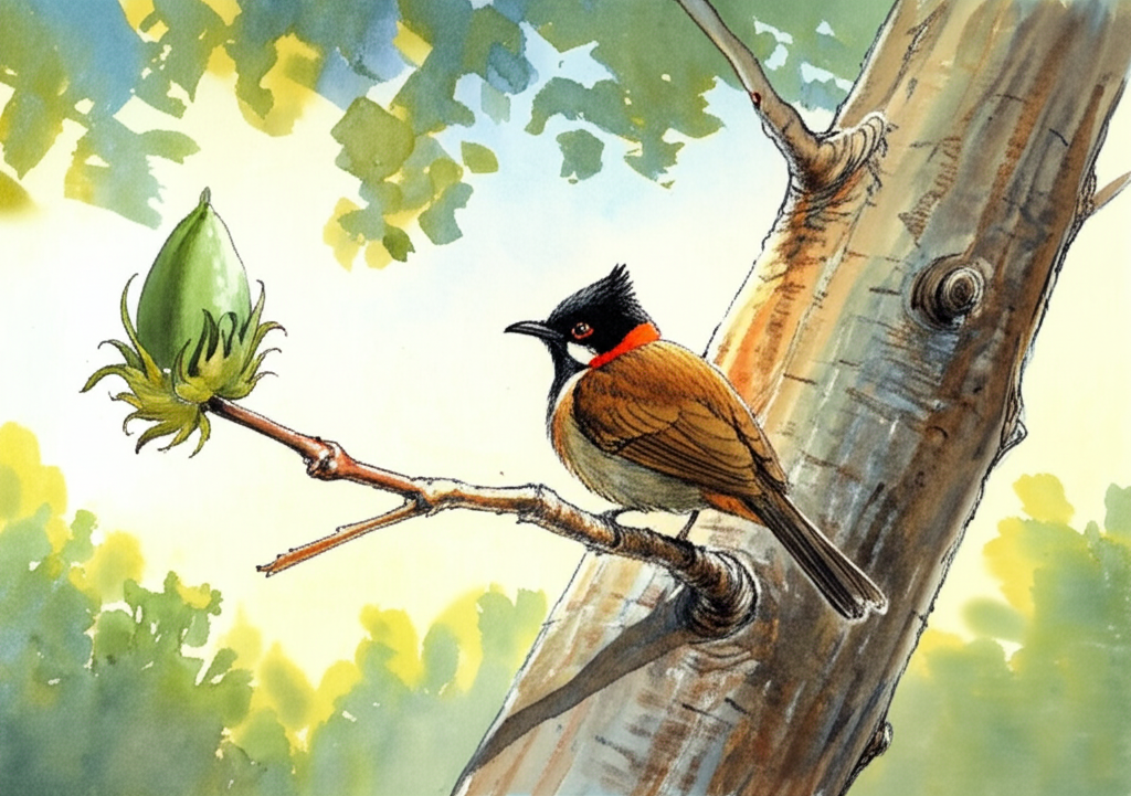 Watercolor illustration of a small, vibrant bulbul bird perched expectantly on a branch of a cotton tree under the warm, golden light of late morning. Light filters through the leaves, dappling the bird in shifting shadows and highlights. The tree has a single, prominent green bud, glistening with morning dew. The bird, with its head cocked inquisitively and feathers slightly ruffled by a gentle breeze, is looking intently at the bud with a hopeful, almost pleading expression. The background is a sun-drenched, cerulean sky with soft, blurred trees in the distance rendered in muted greens and blues. Fine watercolor details highlight the intricate bark of the cotton tree and the delicate veins of the leaves. Emotional tone: anticipation and hope.