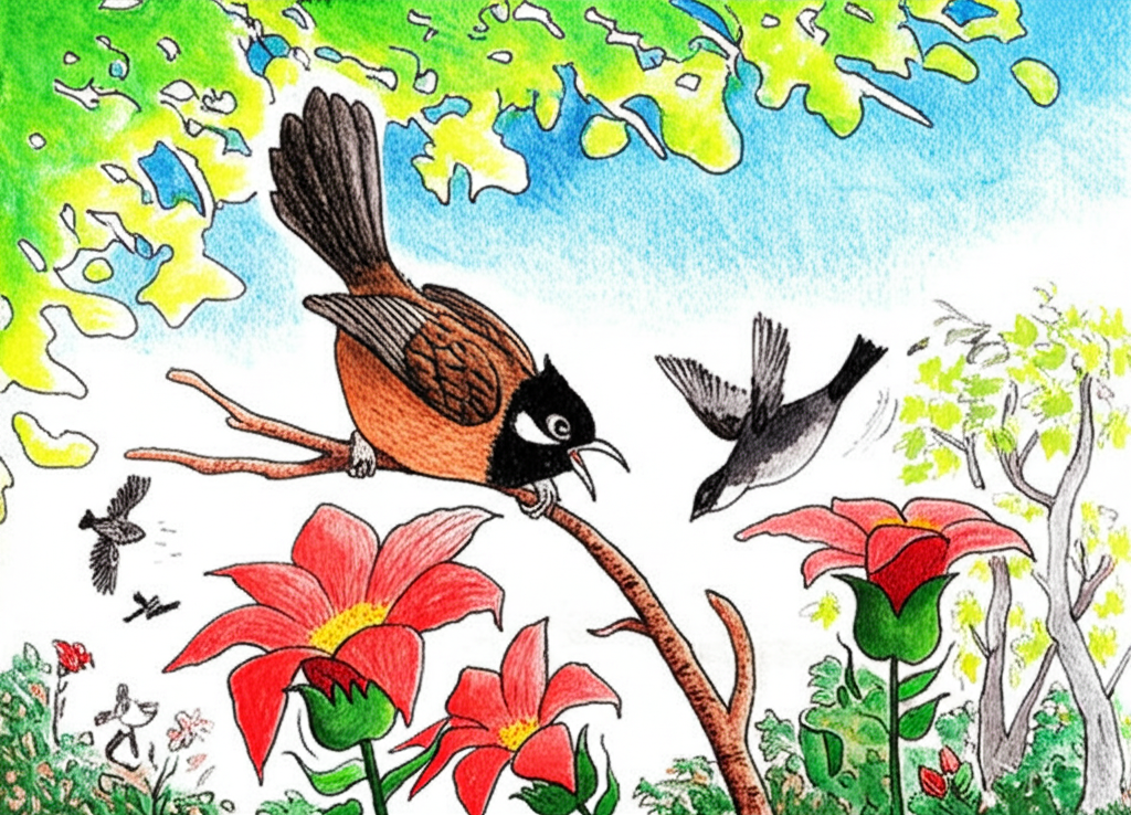 Watercolor illustration of the bulbul bird perched on the same branch, now with a bright, intensely red cotton flower in full bloom, radiating a vibrant energy. The bulbul has a joyful expression, beak slightly open as if singing a triumphant melody. Sunlight glints off its iridescent feathers. Other birds, including sparrows and finches, are approaching the tree in the background, silhouettes against the brilliant blue sky. The bulbul is shooing them away with a raised wing, a possessive glint in its eye and a determined stance. The background trees are slightly more defined than the previous scene, adding a sense of depth. The overall color palette is bright and cheerful, evoking a feeling of elation and territoriality. Artistic style: Loose watercolor with visible brushstrokes and intentional blending.
