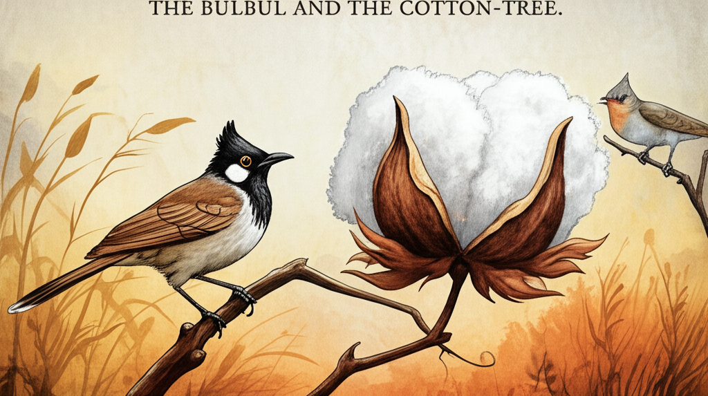 Watercolor illustration of the bulbul bird looking confused and slightly worried at a large, open cotton pod bursting with fluffy white cotton under the diffused, overcast light of early autumn. The air feels cooler, hinted at by the slightly desaturated colors. The cotton pod is realistically rendered with individual fibers of cotton spilling outwards. The cuckoo bird is observing him from a nearby, gnarled branch, its feathers looking slightly puffed up for warmth, with a knowing, almost smug look on its face. The background features a softer, more muted color palette to reflect the changing season, with browns, oranges, and grays dominating. The bird’s feathers are depicted in more detail, showing subtle color variations. Emotional tone: Confusion and slight apprehension.