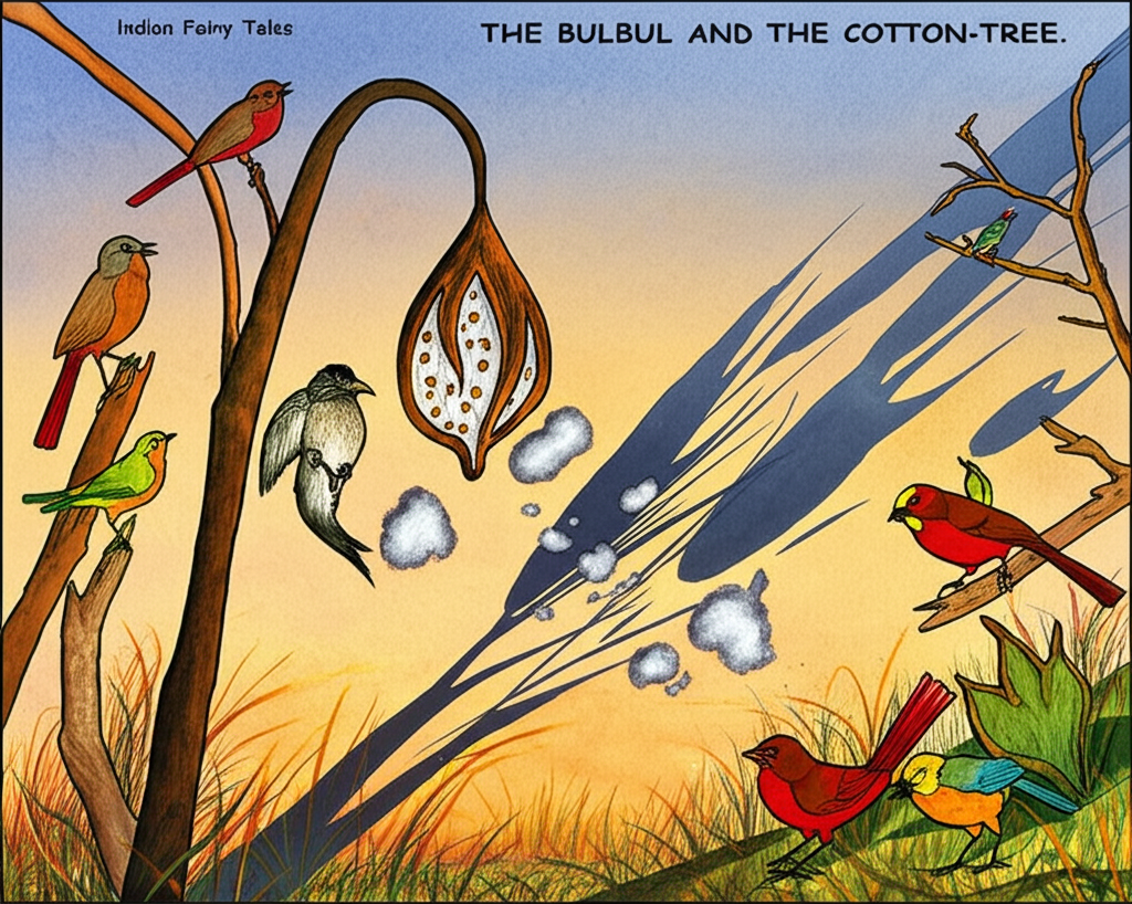 Watercolor illustration of the disappointed bulbul bird looking into the empty cotton pod under the somber light of a late afternoon. Long shadows stretch across the scene, creating a sense of emptiness. Fluffy cotton is drifting away in the breeze, catching the last rays of the setting sun. A group of colorful birds, including mockingbirds and robins, are gathered nearby, chirping and laughing at the bulbul, their voices seeming mocking in the quiet air. The cuckoo bird stands slightly apart, perched on a broken branch, a gentle, almost empathetic expression on its face. Individual blades of grass are visible in the foreground, adding texture to the scene. Emotional tone: Disappointment and vulnerability.
