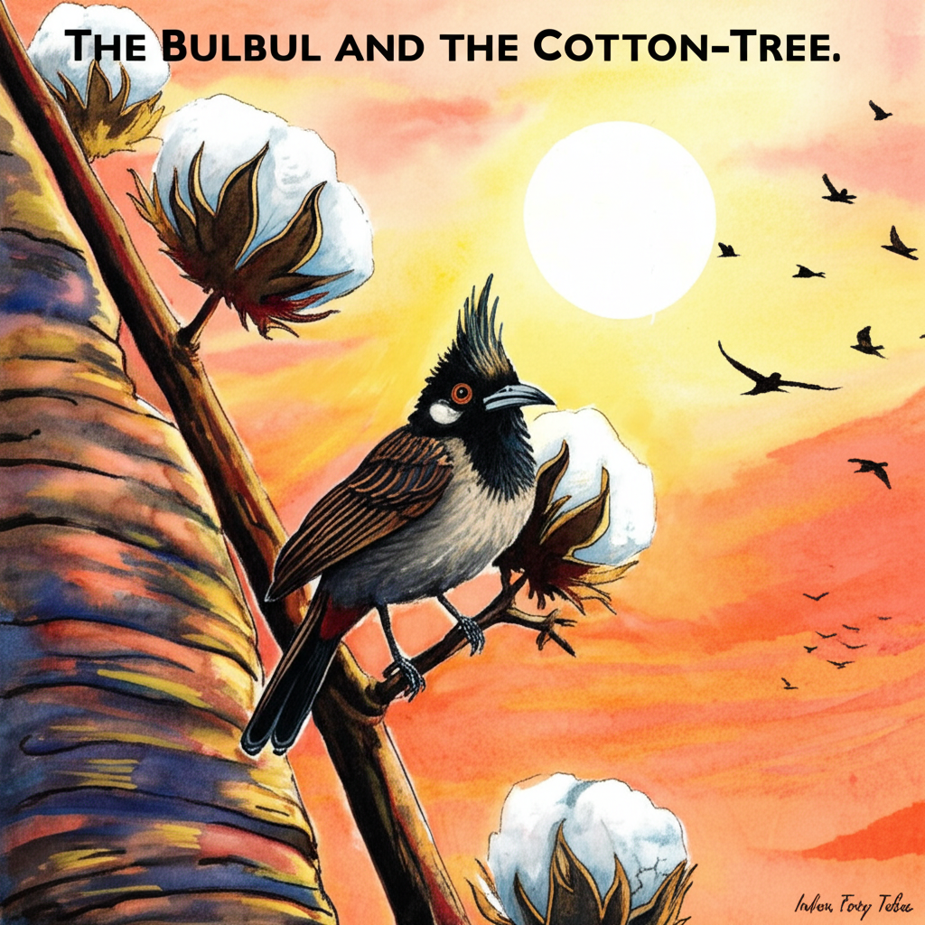 Watercolor illustration of the bulbul bird perched on the cotton tree, looking angrily at the trunk under the harsh, unforgiving light of a midday sun. The tree’s branches are laden with open cotton pods, each one overflowing with fluffy white cotton, mocking the bird’s earlier hope. The background shows a flock of birds flying away into a bright, fiery, and colorful sunset, their silhouettes stark against the vibrant sky. The bulbul’s feathers are ruffled in anger, and its beak is slightly open in a silent scream. The overall color palette is harsh and contrasting, reflecting the bird’s internal turmoil. Artistic style: Bold watercolor with strong contrasts and dynamic brushstrokes.