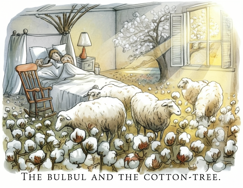 Watercolor illustration showing a field of sheep peacefully grazing on white cotton flowers under a clear blue sky. The sheep have soft, woolly textures, each rendered with subtle watercolor techniques. In the background, a family sleeps comfortably on a bed with white pillows and a cotton mattress in a brightly lit bedroom. Sunlight streams through the window, illuminating dust motes dancing in the air. A cotton tree stands in the distance, partially silhouetted by the warm, golden light of the evening sky. The illustration evokes a feeling of peace, comfort, and contentment. Details include a rocking chair next to the bed and a small wooden nightstand with a lit oil lamp. Emotional tone: Serenity and domestic bliss.