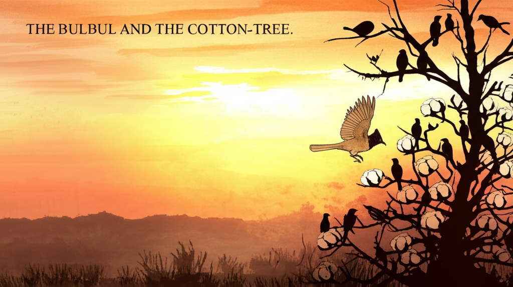 Watercolor illustration of a solitary bulbul bird flying away from a cotton tree silhouetted by a golden, melancholic sunset. The bird looks back at the tree, a mix of regret and understanding on its face, etched with delicate watercolor lines. Other birds are perched happily on the branches of the cotton tree, their silhouettes sharply defined against the fiery sky. The landscape below is rendered in muted tones, creating a sense of vastness and isolation. The overall color palette is warm and nostalgic, evoking a feeling of reflection and acceptance. The sunset is painted with flowing watercolor washes, creating a stunning and ethereal effect. Emotional tone: Regret, understanding, and loneliness.
