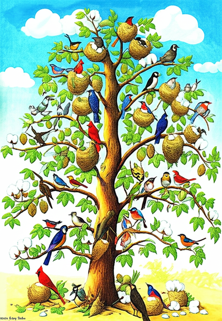 Watercolor illustration of the cotton tree, now a thriving ecosystem, with many birds nesting and sitting on its branches. The birds are all different species – robins, blue jays, cardinals, wrens – and are interacting peacefully, some building nests, others preening their feathers. The pods are bursting with cotton and the sky is a bright, sunny blue with soft, puffy clouds. The tree itself is full of life, with vibrant green leaves and intricate branches. The scene is bathed in warm, inviting sunlight, creating a feeling of joy and harmony. Details include various nests of twigs and leaves, some containing eggs, and the branches bending with the weight of life. The overall impression is one of abundance and interconnectedness. Artistic style: detailed watercolor with rich colors and intricate details. Emotional tone: Harmony, abundance, and peace.