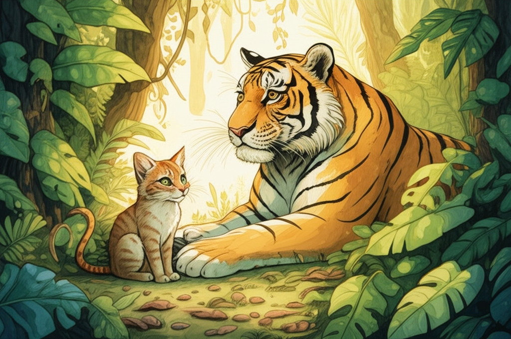 A watercolor illustration of a small, light brown cat with wide, emerald green eyes sitting next to a sick tiger (tiger’s mom) in a jungle clearing. The tiger’s mom looks weak and has matted fur; she’s lying down on a bed of damp leaves, her breathing shallow. The cat is gently holding the tiger’s mom’s paw with a concerned expression, her brow furrowed. Lush, emerald and jade foliage with broad leaves and trailing vines surrounds them. Dappled sunlight, warm and golden, filters through the trees, creating a play of light and shadow on the jungle floor. The overall tone is melancholic but hopeful, with a palette of muted greens, browns, and yellows, punctuated by the cat’s bright eyes.