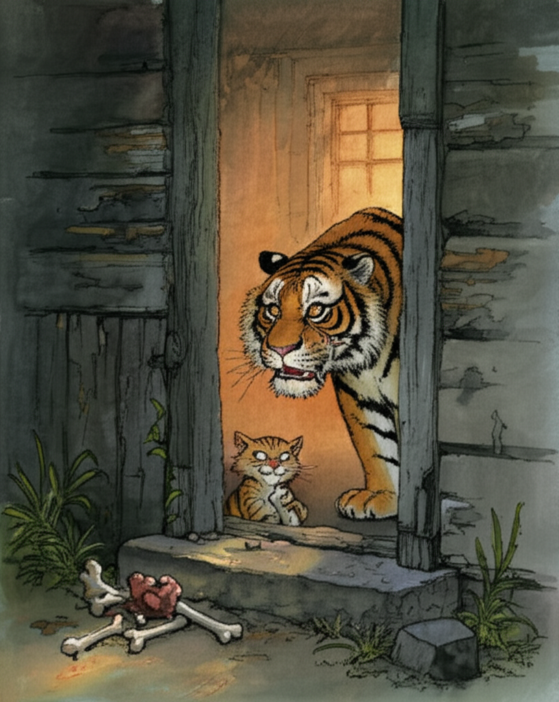 A watercolor illustration of a hungry tiger with ribs showing, peering around the corner of a weathered wooden house, its paint peeling. He’s watching a small light brown cat with a smug expression, happily gnawing on discarded bones thrown just outside the house’s back door. Warm, amber light emanates from the house windows, casting long, inviting shadows. The tiger looks frustrated and envious, his ears flattened against his head. The overall feeling is one of contrast and desperation, with a color palette of deep oranges, browns, and muted yellows contrasted with the bright browns of the cat and the green of the overgrown yard. Focus on texture of wood, bone and fur.