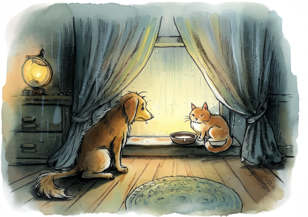 A watercolor illustration of a rainy scene. Sheets of rain streak down the windowpane. A small light brown cat with its tail curled around its paws sits inside a cozy house, contentedly eating from a chipped ceramic bowl filled with milk. A forlorn, tan dog with a matted coat sits outside on the rain-soaked doorstep, shivering and looking longingly at the cat. The interior is softly lit with a warm, yellow glow from a nearby lamp, highlighting the wooden floor and a braided rug. The rain creates a blurred, impressionistic background of blurry greens and grays. The tone is melancholic and cozy, with a palette of warm yellows and browns contrasting with cool blues and grays of the rain.
