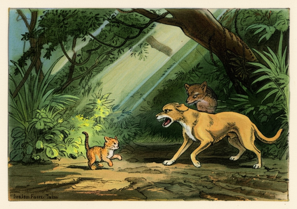 A watercolor illustration of a small light brown cat with arched back and raised fur and a tan dog with bared teeth arguing face to face. They are standing on a muddy path in a dense, overgrown jungle. The jackal, looking amused, can be seen in the background, partially obscured by foliage. The cat looks angry, with narrowed eyes and a twitching tail, and the dog is defensive, crouching slightly with its hackles raised. Sunlight breaks through the canopy in harsh beams, creating deep shadows. The tone is tense and confrontational, with a palette of earthy browns, greens, and yellows, emphasizing the chaotic and overgrown nature of the jungle.