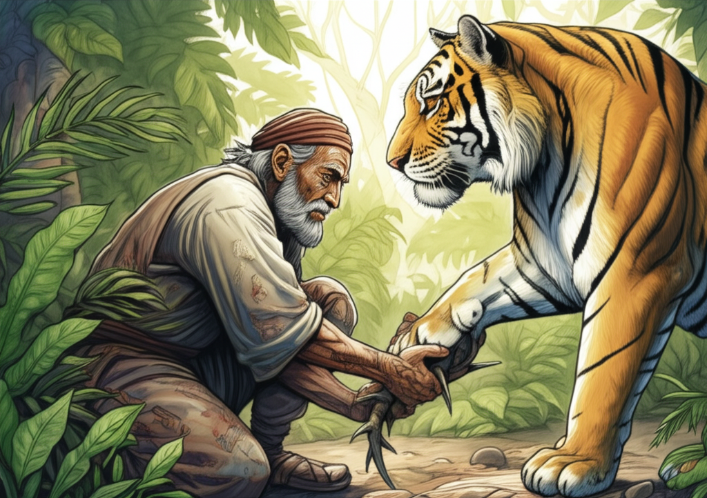 A watercolor illustration of a weathered, kind-faced man with calloused hands kneeling and carefully removing a large, wicked thorn from a tiger’s paw. The tiger is watching him intently, its large golden eyes filled with a mix of suspicion and hope. The man’s brow is furrowed in concentration, and his expression is gentle. The background depicts dense jungle foliage, with shafts of sunlight illuminating patches of emerald green moss. The air is thick with humidity. The overall feeling is one of trust and vulnerability, with a palette of earthy greens, browns, and tans, highlighting the connection between man and beast.