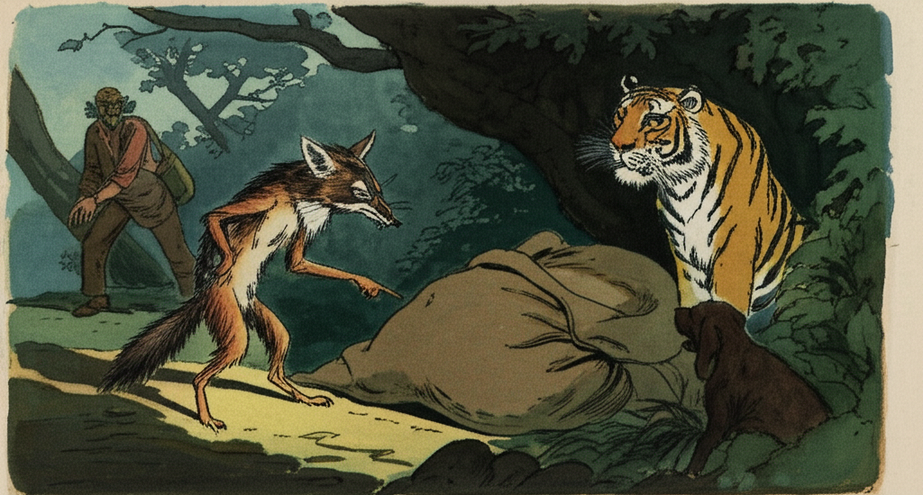 A watercolor illustration of a shifty-eyed jackal with a sly grin pointing a long, bony finger to a large, roughly woven burlap sack, speaking to a cautious tiger. The tiger is looking curiously at the bag, its head cocked to the side. A concerned man with a worn leather satchel and a loyal dog stand to the side, watching with worried expressions. The background depicts tall, shadowy trees and tangled undergrowth. The lighting is subdued and mysterious, with long, dramatic shadows. The overall tone is suspicion and intrigue, using a palette of muted greens, browns, and grays, emphasizing the uncertainty of the situation.