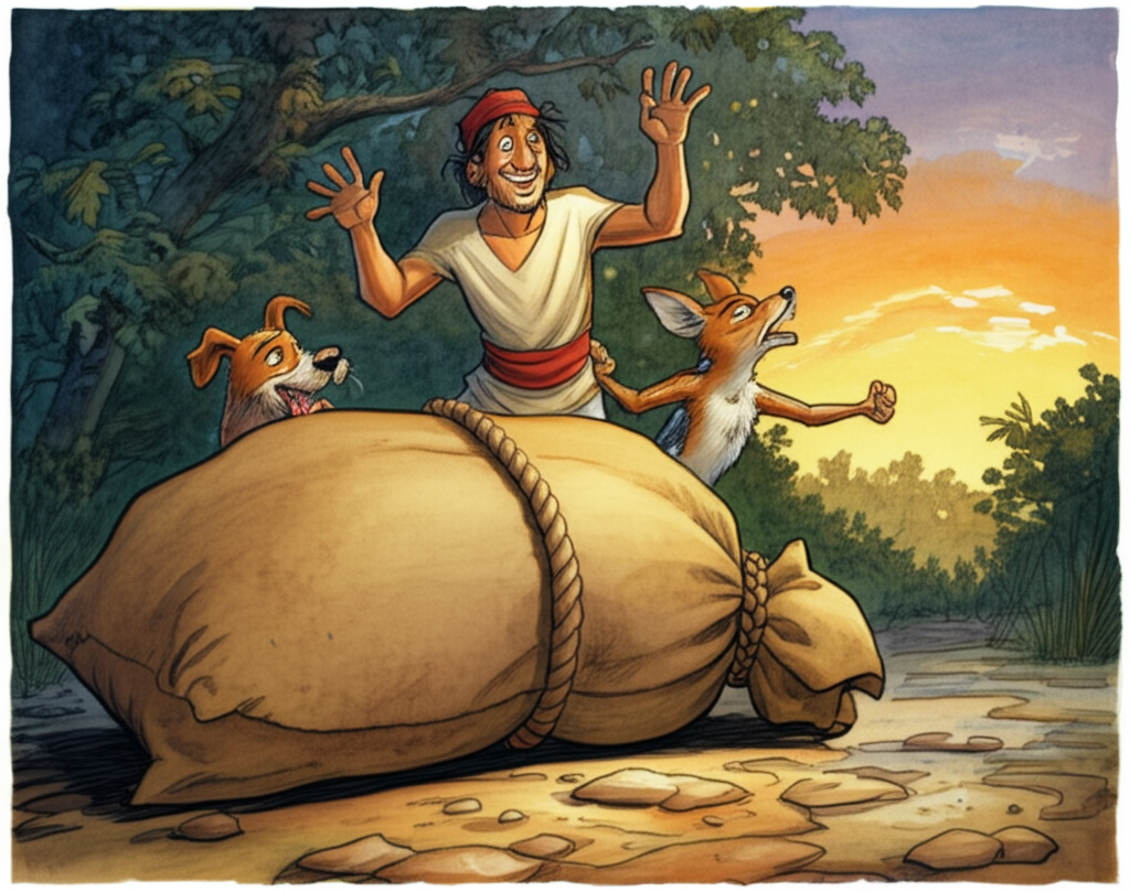 A watercolor illustration of a burlap sack tied tightly with thick rope lying on the ground. A man with a relieved smile, a wagging-tailed dog, and a smug jackal are standing over the sack, looking relieved and triumphant. The background shows a muddy path leading out of the dark, dense jungle into a clearing bathed in the warm glow of the setting sun. The expressions on their faces are full of satisfaction. The overall feeling is one of accomplishment and release, with a palette of warm yellows, oranges, and browns, contrasted with the deep greens of the receding jungle. Emphasize the textures of rope and burlap.