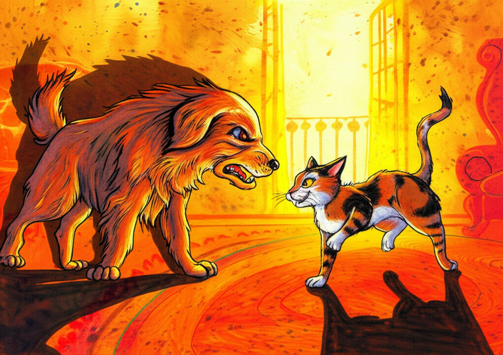 A vibrant watercolor illustration of a cartoon dog and cat arguing face-to-face at golden hour. The dog, a large, fluffy golden retriever, looks intensely frustrated with teeth bared, casting a long shadow behind him. The cat, a slightly smaller calico, dances with a mischievous grin, sunlight glinting off her fur, highlighting her vibrant orange and black markings. Splatters of bright orange and yellow paint suggest the setting sun. The background is a slightly blurred, impressionistic rendering of a cozy living room with a worn wooden floor, a plush red rug, and a glimpse of a window showing a fiery sunset. The dog’s fur is textured with short, quick brushstrokes, while the cat’s fur is smoother with delicate, overlapping washes.