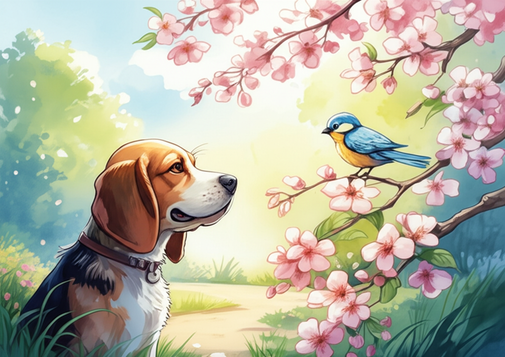 A gentle watercolor illustration of a cartoon beagle talking to a small bluebird perched on a blossoming cherry blossom branch. The dog is looking up at the bird with a pleading expression, his brown eyes wide and innocent. Soft morning light filters through the cherry blossoms, creating dappled shadows on the dog’s face and the grassy ground. The background shows a slightly blurred park scene with a winding path and distant trees. The color palette is soft pastels – pinks, blues, and greens – evoking a sense of serenity and hope. The branch is rendered with delicate lines, and the bird’s feathers have a textured, almost feathery appearance, with slight details of the tree bark and leaves in a watercolor style.