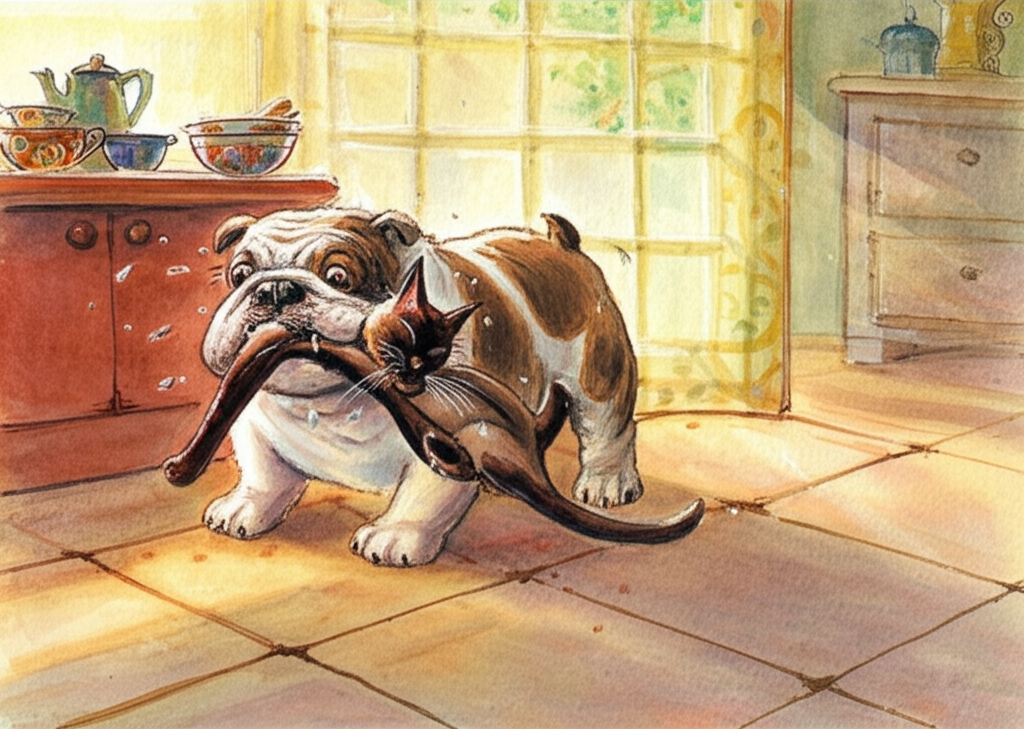 A whimsical watercolor illustration of a cartoon bulldog biting a cartoon Siamese cat’s mouth, but the cat is smiling, unharmed, with a look of mild amusement. The scene takes place in a sunny kitchen. Sunlight streams through a window, illuminating dust motes dancing in the air. The bulldog’s wrinkly face is comically exaggerated, with slobber droplets rendered as tiny, translucent watercolor splatters. The cat’s fur is sleek and smooth, painted with gentle washes of cream and brown. The background features a slightly blurred countertop cluttered with colorful ceramic bowls and a vintage teapot. The color palette is warm and inviting, with hints of red, yellow, and brown. The kitchen floor has a subtle texture suggesting aged linoleum.