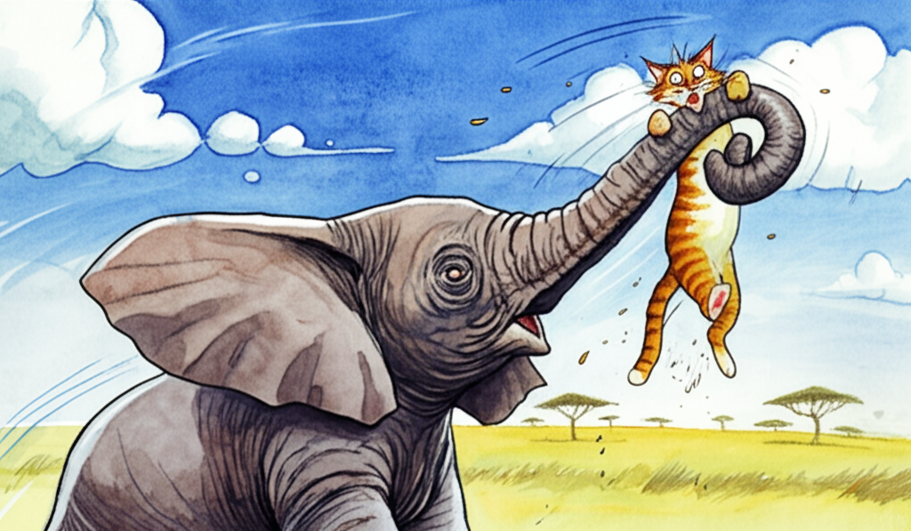 A dramatic watercolor illustration of a cartoon African elephant picking up a cartoon tabby cat with its trunk, preparing to throw her against a bright blue sky filled with puffy white clouds. The elephant looks determined, its trunk tightly curled around the cat, with small splashes of watercolor suggesting the force being exerted. The cat has a surprised expression, her eyes wide and her fur standing on end. The color palette is bold and vibrant, with the elephant rendered in shades of gray and brown and the cat in warm oranges and browns. The background features a vast savanna, painted in soft washes of yellow and green, with scattered acacia trees casting long, jagged shadows. The rough texture of the elephant’s skin is suggested with dry brushstrokes.
