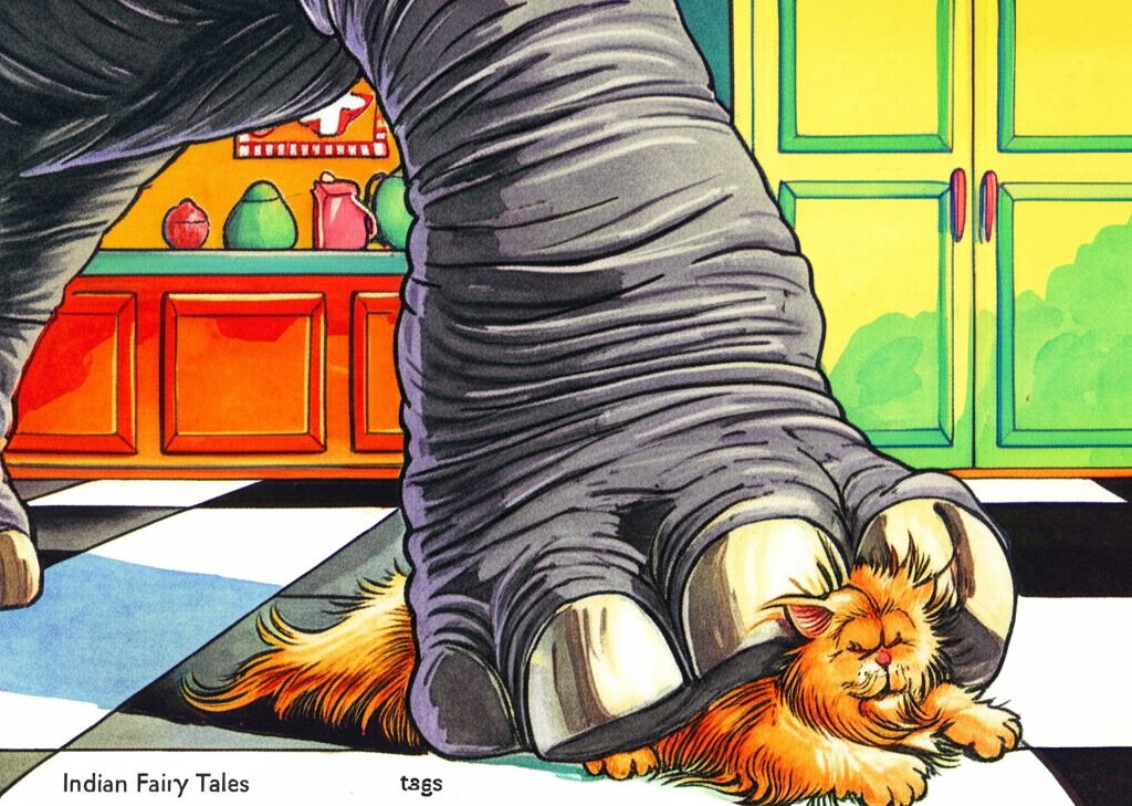 A humorous watercolor illustration of a cartoon African elephant standing on a cartoon Persian cat with one large foot on a tiled kitchen floor. The cat is underneath the elephant’s foot, with only the head visible, but looks unharmed and is smiling with an unconcerned expression, seemingly enjoying a head scratch. The elephant’s foot is massive and textured, casting a shadow over the cat. The cat’s luxurious fur is flattened but perfectly coiffed. The background features a bright, clean kitchen with white cabinets and a stainless steel refrigerator. The floor tiles are a checkerboard pattern of black and white. The color palette is bright and cheerful. The scene has a playful tone, suggesting a bizarre but harmless interaction.