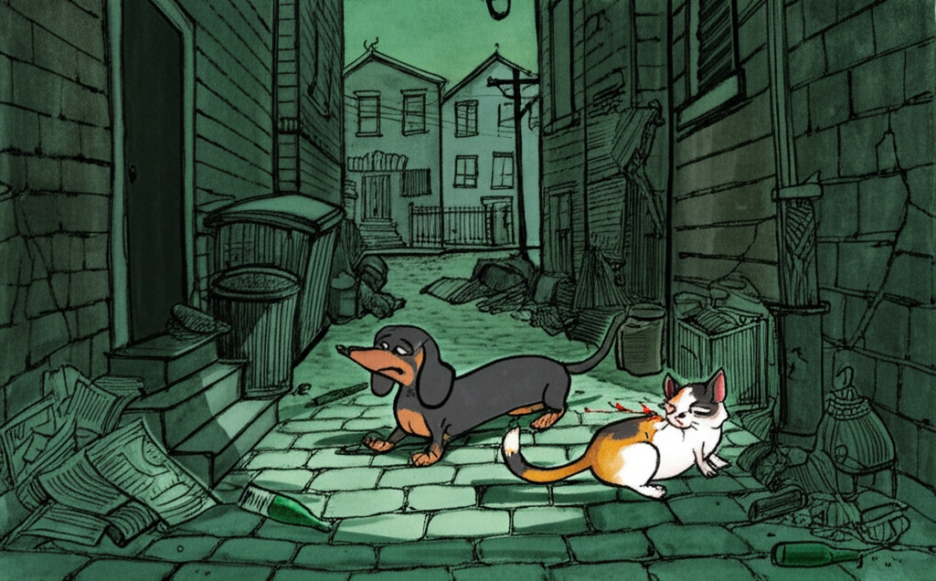 A darkly comedic watercolor illustration of a cartoon dachshund biting the tail off a cartoon calico cat in a cluttered alleyway at dusk. The cat is looking back at the severed tail with a nonchalant expression, almost bored, while tiny blood splatters form around the bite. The severed tail lays on the grimy cobblestone alley with a slight curl. Shadows stretch long and distorted. The color palette is muted and gritty, with browns, grays, and greens dominating the scene. The alleyway is filled with overturned trash cans, broken bottles, and discarded newspapers. The cat’s fur is matted and dusty. The scene has a dark, surreal quality.