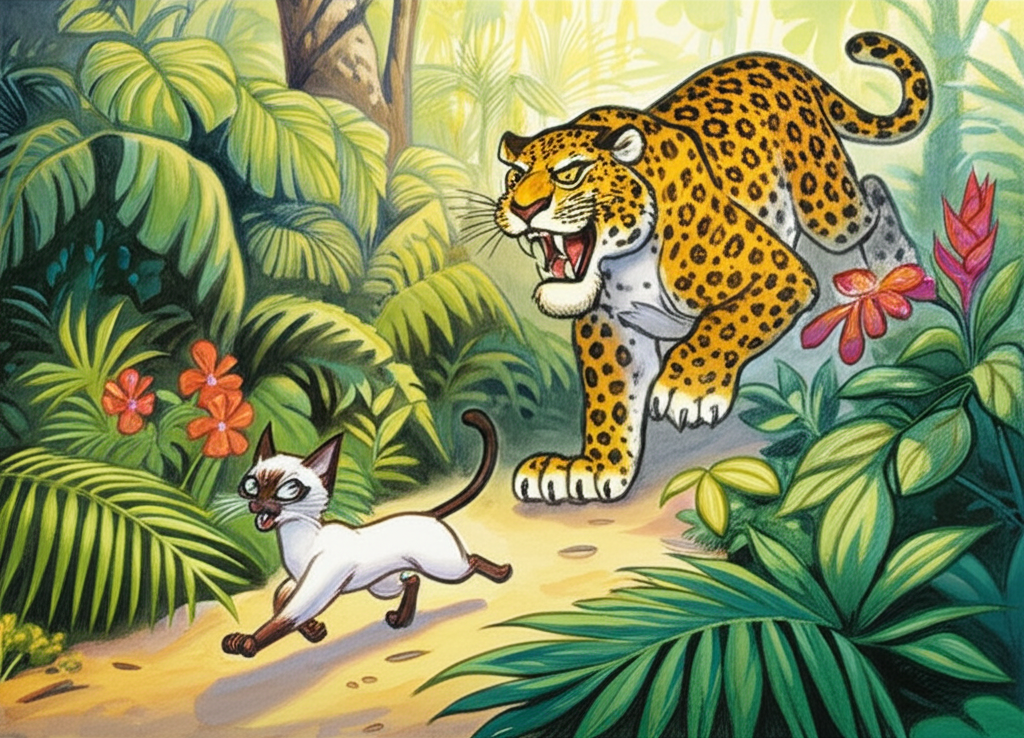 A dynamic watercolor illustration of a cartoon Siamese cat running away from a cartoon leopard through a lush jungle. The leopard is in pursuit, looking angry with bared fangs and a menacing growl. The cat has a triumphant, mocking expression, glancing back over her shoulder. Sunlight filters through the dense foliage, creating dappled shadows on the ground. The color palette is rich and vibrant, with deep greens, browns, and yellows dominating the scene. The jungle is filled with exotic plants and flowers, all rendered in a loose, impressionistic style. The leopard’s spots are carefully detailed, while the cat’s fur is smooth and sleek. Brushstrokes capture the sense of motion and urgency.