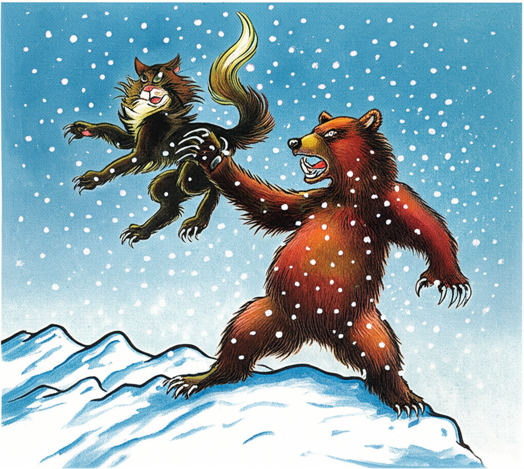 A frenetic watercolor illustration of a cartoon grizzly bear attempting to claw a cartoon Maine Coon cat on a snowy mountain peak. The cat is leaping in the air, retaliating with claws extended toward the bear’s nose. Snowflakes swirl around them, creating a hazy atmosphere. The bear looks enraged, its fur bristling. The cat’s fur is long and thick, providing some protection from the cold. The background features jagged mountain peaks and a deep blue sky. The color palette is cool and icy, with whites, blues, and grays dominating the scene. The texture of the snow is suggested with splatters of white paint. The entire scene is full of energy and chaos.